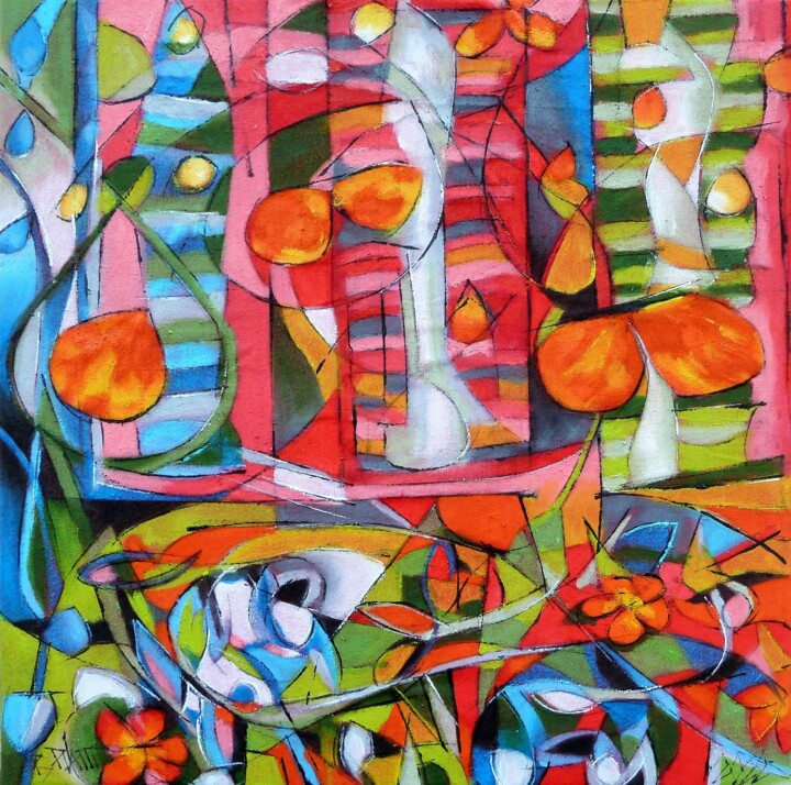 Painting titled ""Red Happening" I" by B.Piatti, Original Artwork, Oil Mounted on Wood Stretcher frame