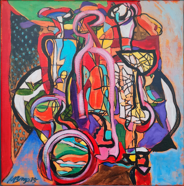 Stillleben mit Flaschen und Gläsern 绘画, 15.8x15.8 in
