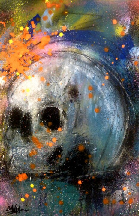 Peinture intitulée "Crâne n°2203" par Saname, Œuvre d'art originale, Bombe aérosol Monté sur Châssis en bois