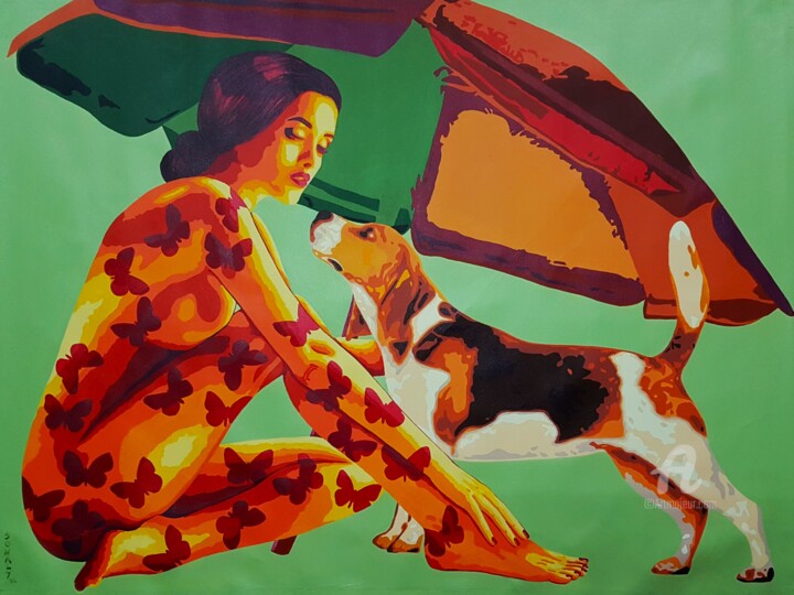 Lady, dog and beach umbrella 绘画, 36x48 in