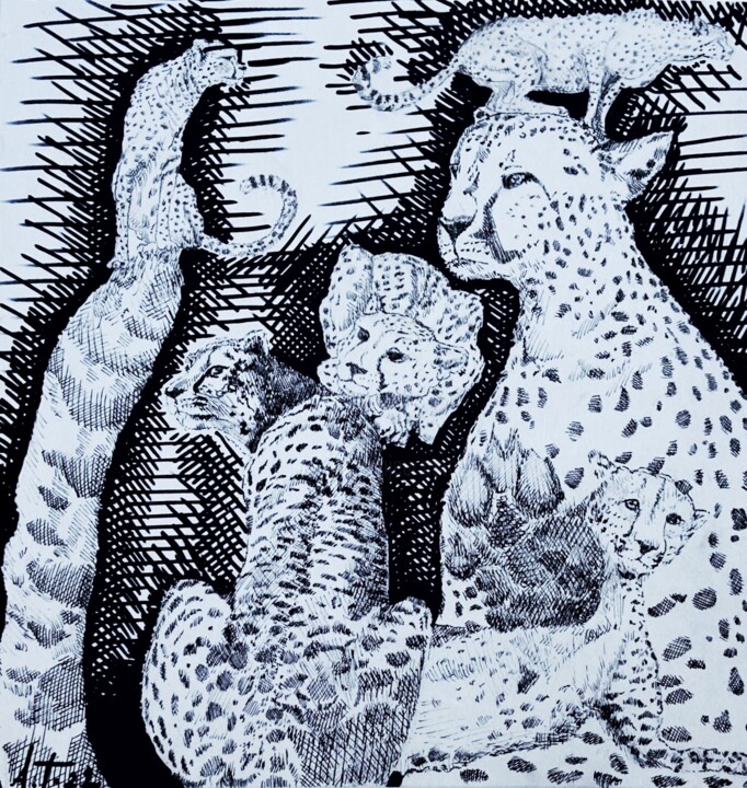 Drawing titled "felinitá" by Antoine Talon, Original Artwork, Ballpoint pen