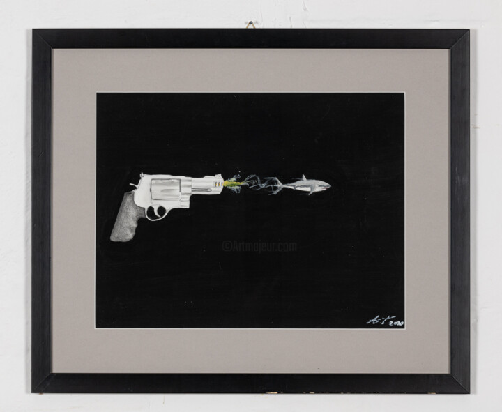Drawing titled "shark gun" by Antoine Talon, Original Artwork, Tempera