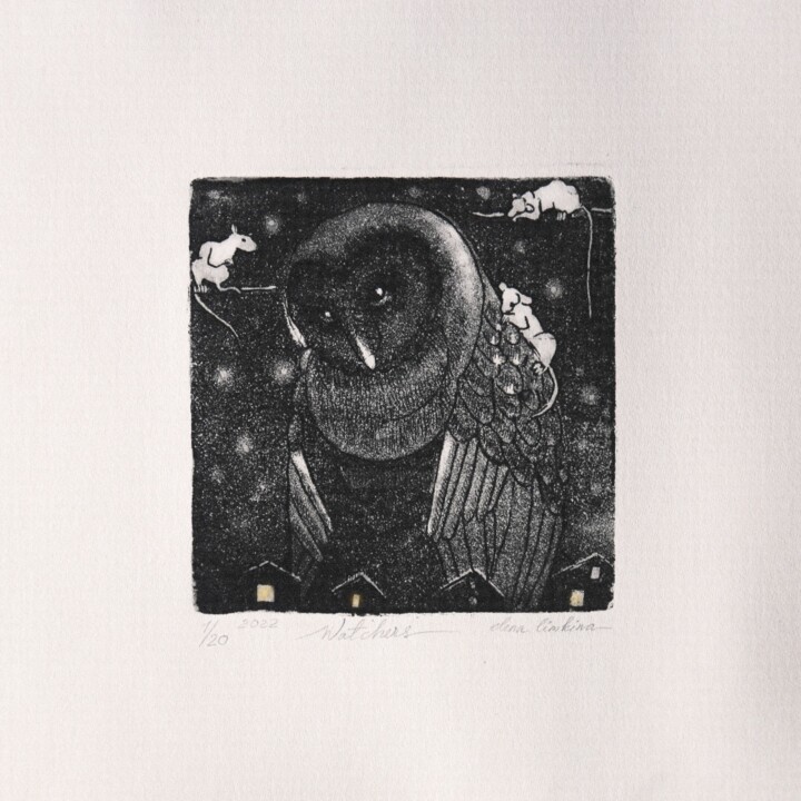 Printmaking titled "Watchers" by Elena Limkina, Original Artwork, Etching