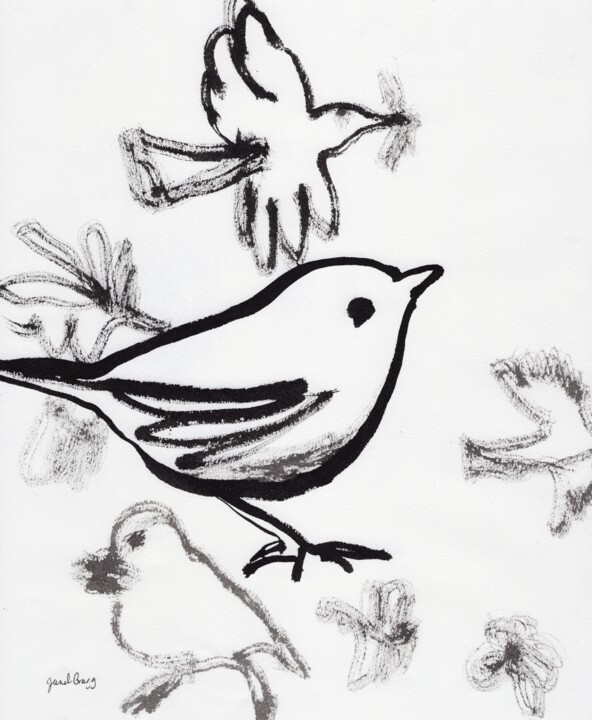 Sparrow in Sumi Ink 绘画, 13x10 in