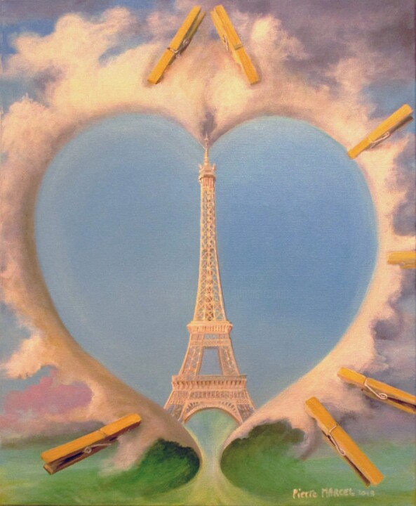 Paris Tour Eiffel, en cœur le réchauffement climatique 绘画, 16.1x13 in