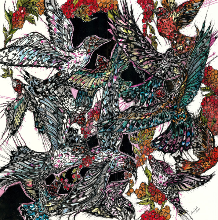 Birds&Berries (Birds in Flight) 绘画, 24.4x24.4 in