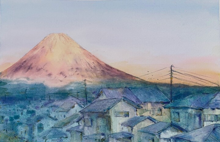 Malerei mit dem Titel "Mt. Fuji at dawn" von Leyla Kamliya, Original-Kunstwerk, Aquarell
