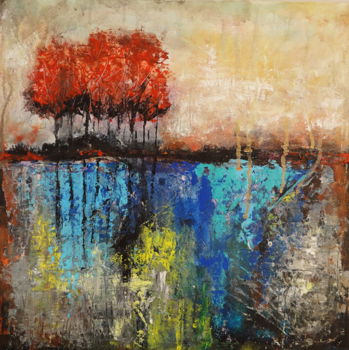 Red Trees Abstract Textured Landscape Acrylic Painting 绘画, 14x14 in