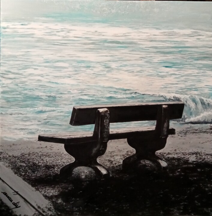 Peinture intitulée "Le banc face à la m…" par Jean Louis Renaudin, Œuvre d'art originale, Acrylique Monté sur Châssis en bois