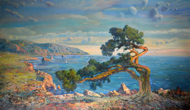 Painting titled "Windy day" by Sergei Lisitsyn, Original Artwork, Oil Mounted on Wood Stretcher frame