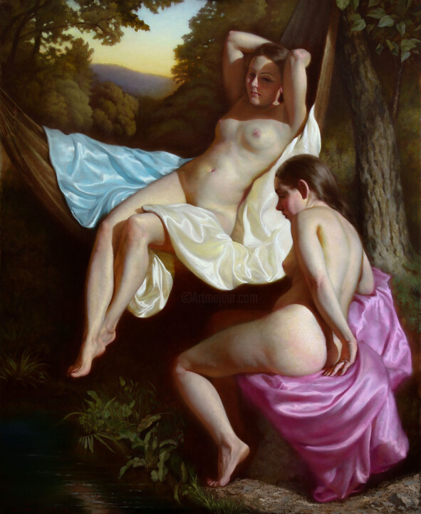 Schilderij getiteld "The Crescent Goddes…" door Nicolas Szuhodovszky, Origineel Kunstwerk, Olie Gemonteerd op Frame voor hou…