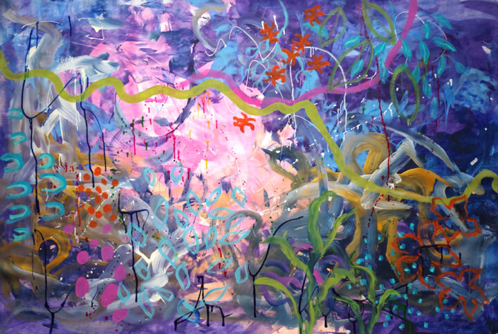 Night tropical garden original painting big abstract 绘画, 39.4x59.1 in