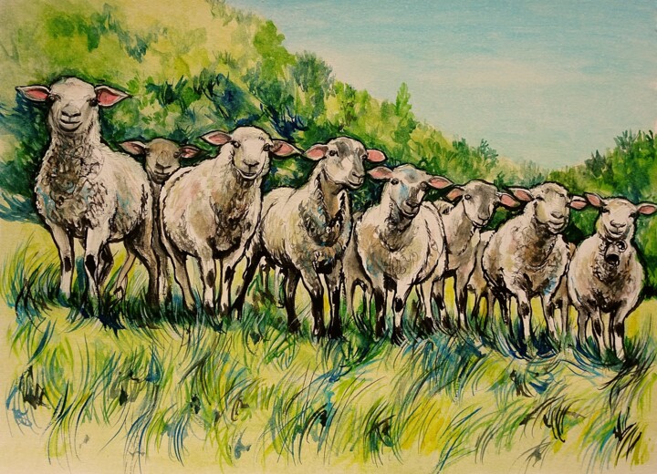 les moutons curieux 绘画, 11.8x15.8 in