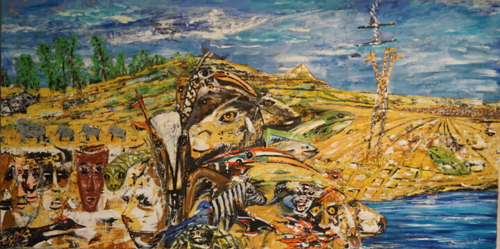 Painting titled "Wild Life Africa" by Peter Stutz, Original Artwork, Oil Mounted on Wood Stretcher frame