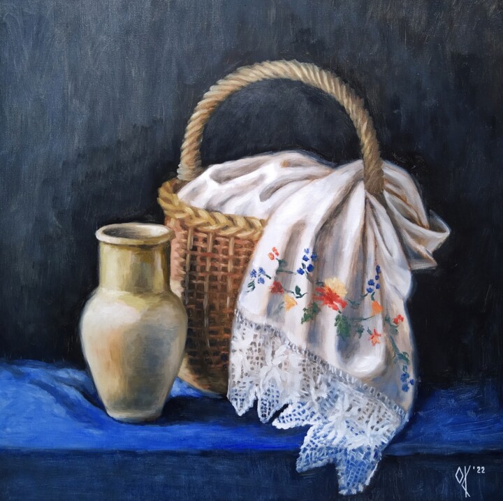 Still life, basket with a towel and a pitcher, (50x50cm) 绘画, 19.7x19.7 in
