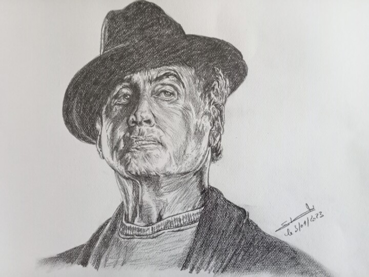 Portrait de l'acteur Sylvester Stallone réalisé aux crayons 图画, 11.7x16.5 in