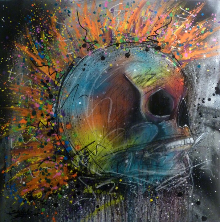 Peinture intitulée "Crâne n°2209" par Saname, Œuvre d'art originale, Bombe aérosol Monté sur Châssis en bois