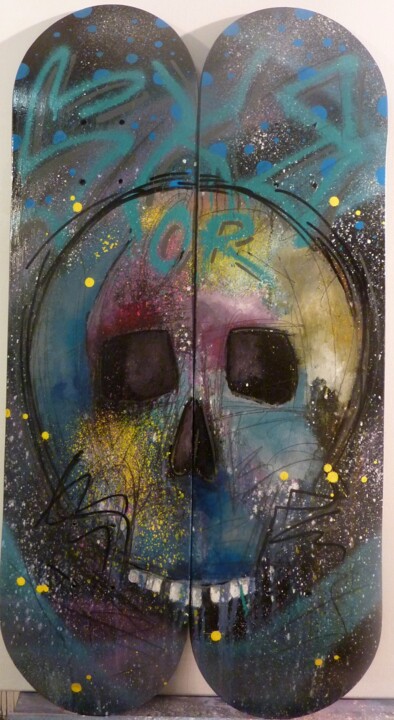 Peinture intitulée "SK8 or die" par Saname, Œuvre d'art originale, Bombe aérosol Monté sur Panneau de bois