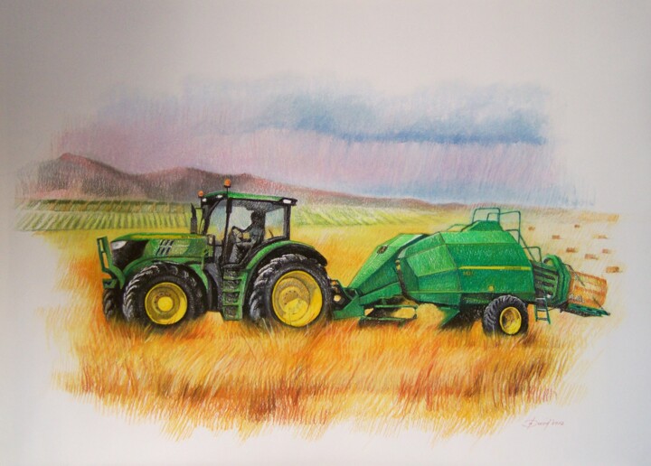 Σχέδιο με τίτλο "Tracteur vert sur l…" από Olga David, Αυθεντικά έργα τέχνης, Παστέλ