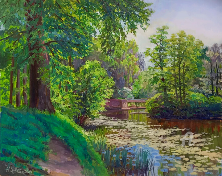 Pittura intitolato "Пруд с кувшинками.…" da Nadezhda Tsvetkova, Opera d'arte originale, Olio Montato su Cartone