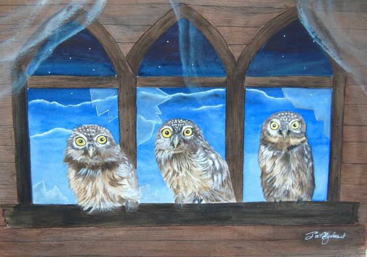petites chouettes squatteuses - aquarelle 绘画, 9.8x13.8 in