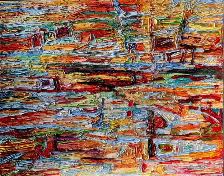 Striped colorful impasto palette knife textured canvas art 绘画, 31.5x39.4 in