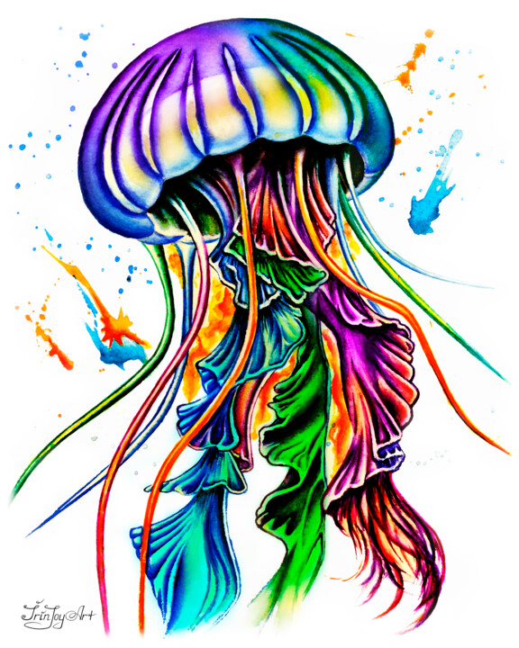 Jellyfish watercolor Sea life Animal Ocean Underwater 绘画, 10x8 in