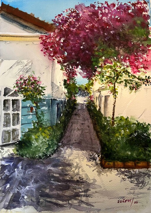 "Çeşme Marina Street" başlıklı Resim Ekrem Yilmaz tarafından, Orijinal sanat, Suluboya