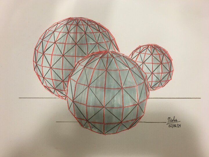 Drawing titled "The Three Spheres" by Nicolas Chammat, Original Artwork, Pencil