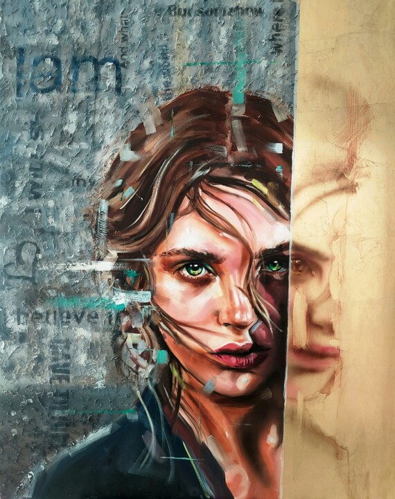 Painting titled "Reflection" by Simona Zecca, Original Artwork, Oil Mounted on Wood Stretcher frame