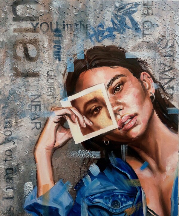 Painting titled "Polaroid" by Simona Zecca, Original Artwork, Oil Mounted on Wood Stretcher frame