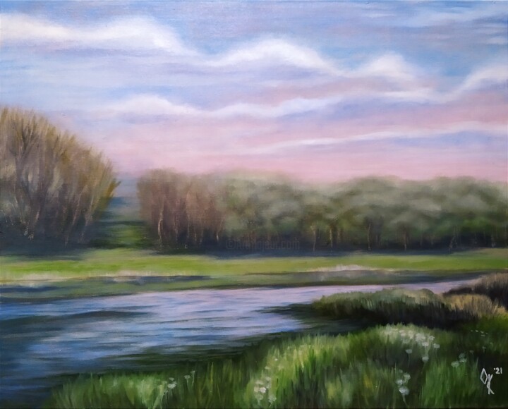 Painting titled "The lake, water, fo…" by Olena Kucher, Original Artwork, Oil