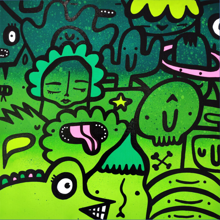 Green crowd 绘画, 15.8x15.8 in