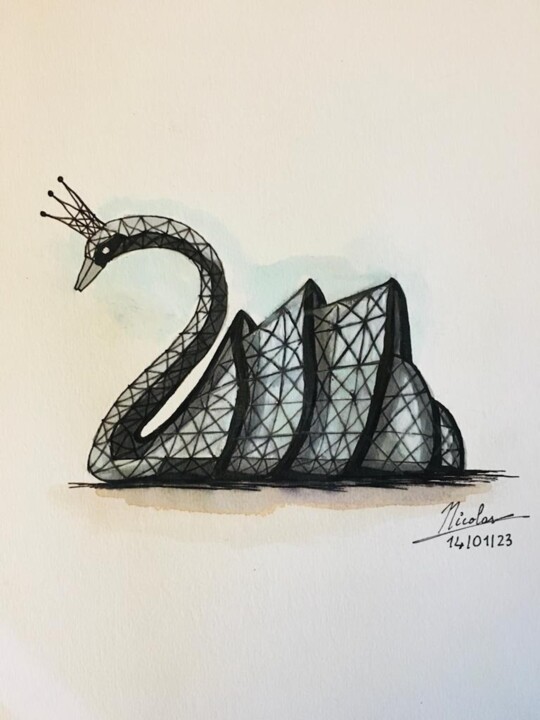 Drawing titled "Swan Building" by Nicolas Chammat, Original Artwork, Watercolor