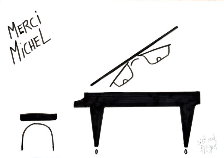Dessin intitulée "MERCI MICHEL LEGRAND" par Richard Boigeol, Œuvre d'art originale, Encre