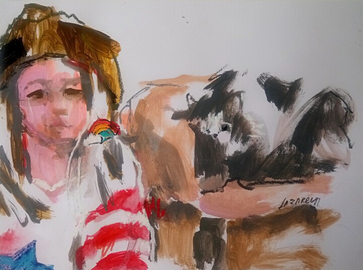 Sketch Selfie with cat 绘画, 8.3x11.4 in
