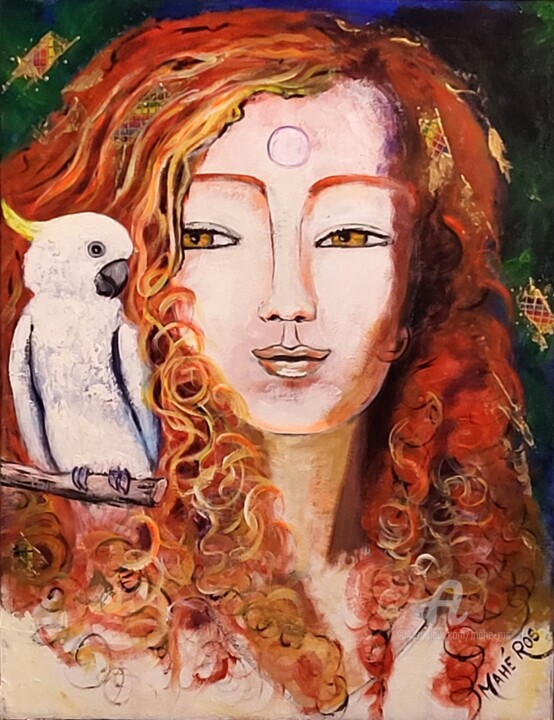 Peinture intitulée "Femme au perroquet…" par Mahé Ros, Œuvre d'art originale, Acrylique Monté sur Châssis en bois