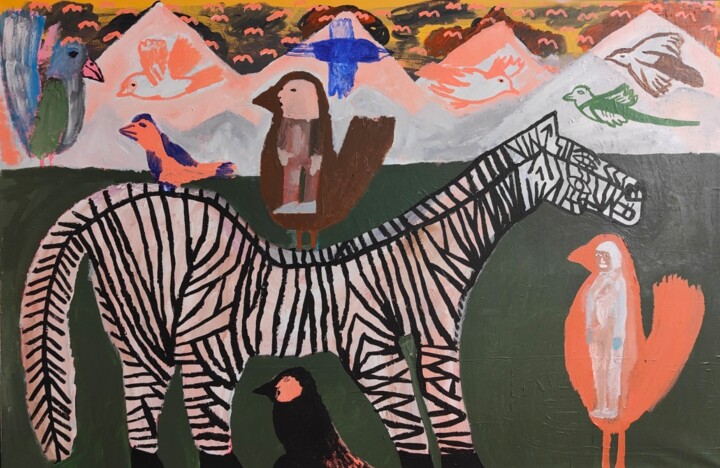 le cheval et les oiseaux 绘画, 29.5x45.3 in