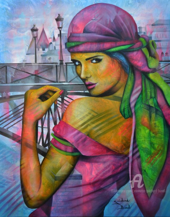 Peinture intitulée "un soir au pont des…" par Jeannette Guichard-Bunel, Œuvre d'art originale, Huile Monté sur Châssis en bo…