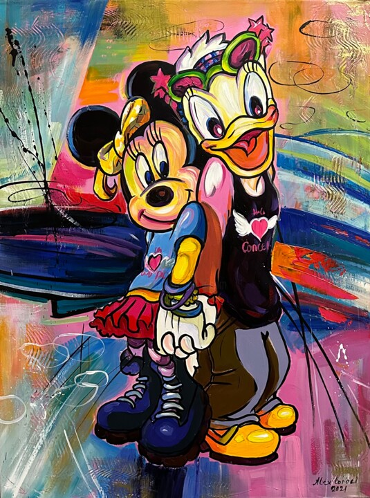 Donald Duck and Mickey Mouse 绘画, 31.5x23.6 in