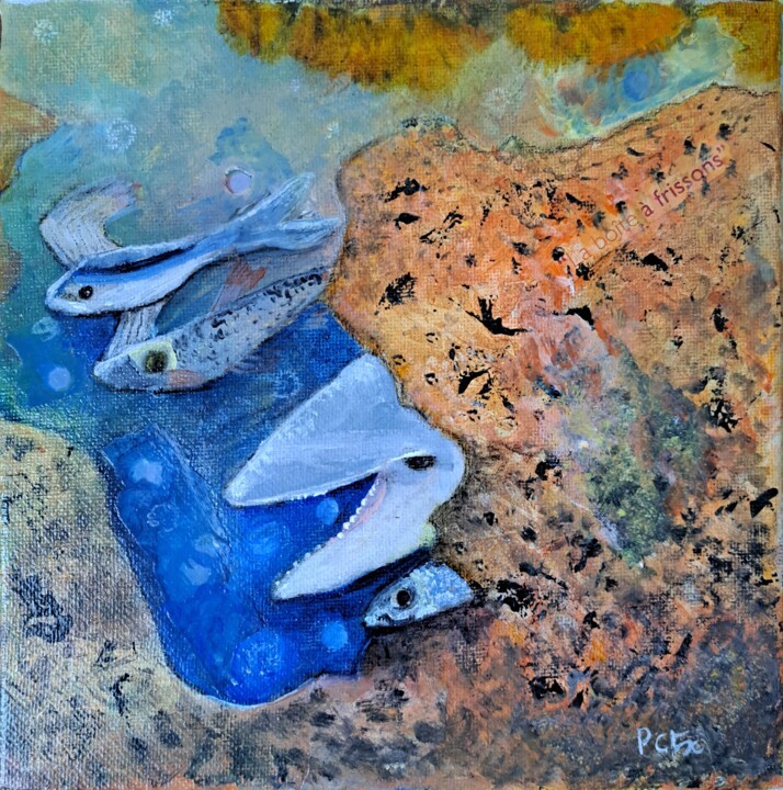 Poissons dans la mer bleue 绘画, 7.9x7.9 in