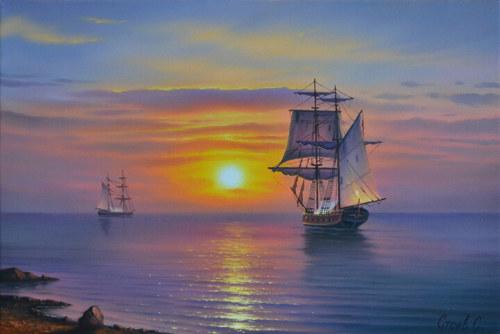 Painting titled "Dawn over the sea." by Serhii Stoev, Original Artwork, Oil