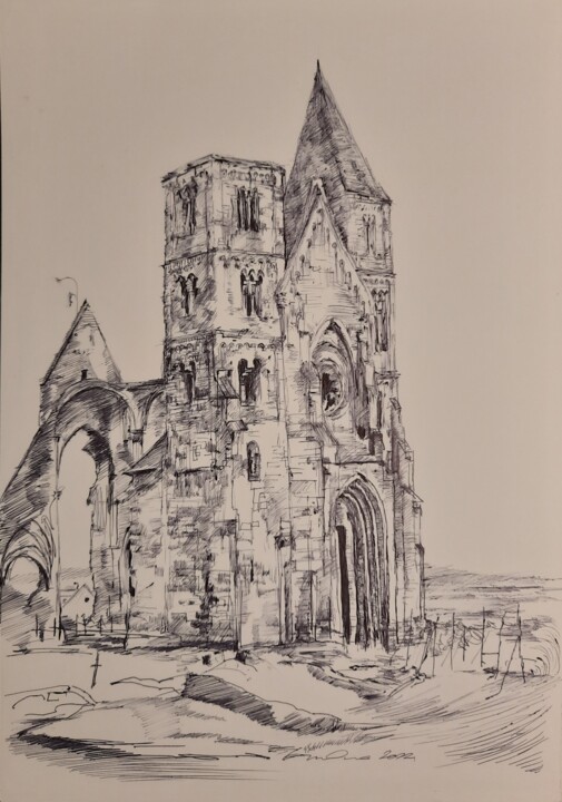 Zsámbéki Premontrei templom Drawing, 11.7x7.9 in