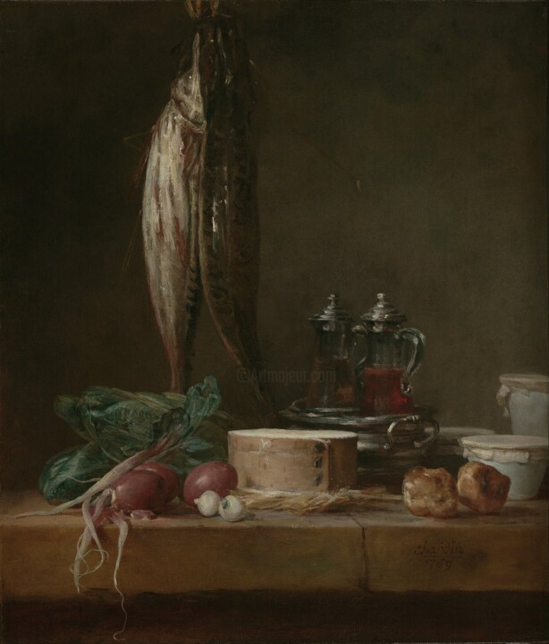 Nature morte au poisson, aux légumes, aux gougères, aux pots 绘画, 27x23 in