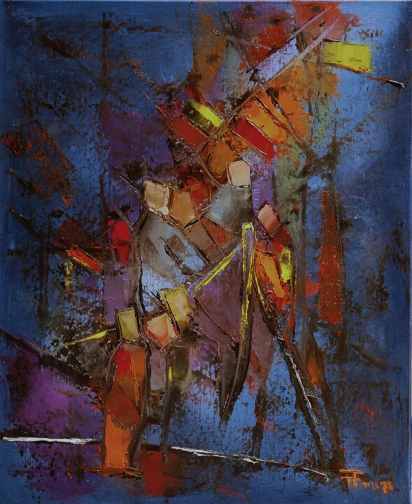 Painting titled "L'accostage" by Thierry Faure, Original Artwork, Oil Mounted on Wood Stretcher frame