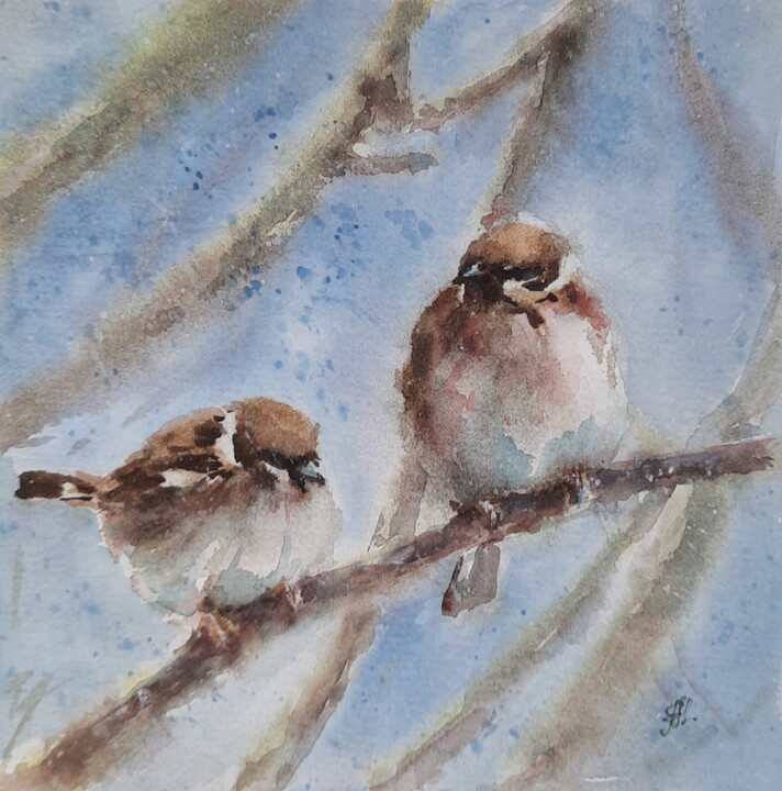 Two sparrows 绘画, 7.9x7.9 in