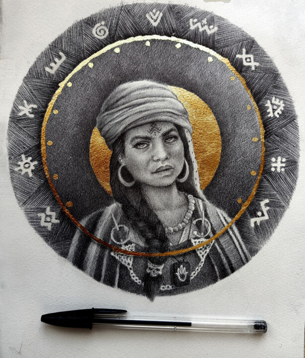 제목이 "golden portrait IV"인 그림 Ahmed Mejbri로, 원작, 볼펜