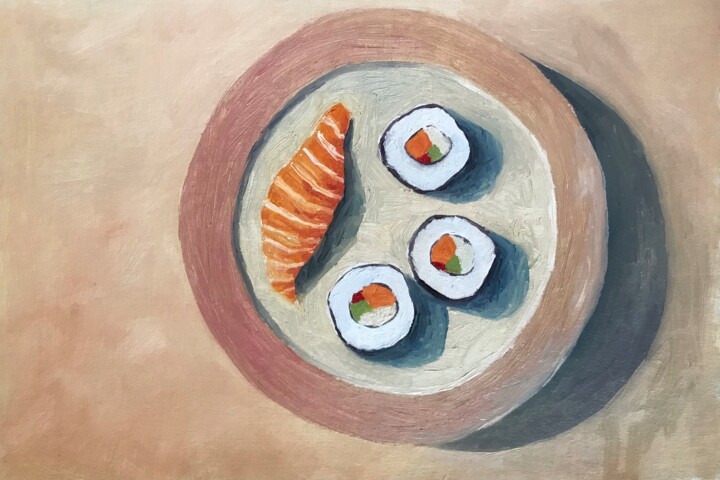 ROLLS — CONTEMPORARY ART MODERN STILL LIFE SUSHI OIL PAINTED 绘画, 7.9x11.4 in