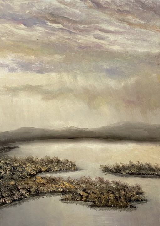 RAINY LAKE — MODERN IMPRESSIONISM LANDSCAPE SMALL OIL PAINT 绘画, 11.4x8.3 in