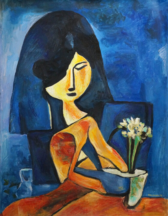 A girl with flowers and blue backround 绘画, 31.5x23.6 in